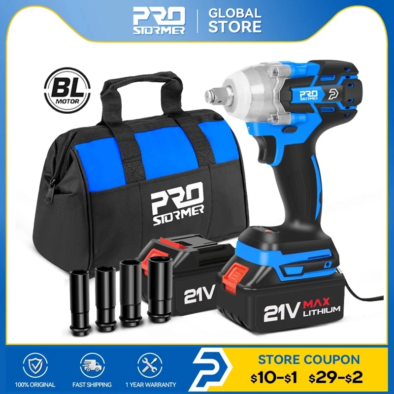 PROSTORMER 21V 브러시리스 무선 전기 임팩트 소켓 렌치, 4000mAh 리튬 배터리, 핸드 드릴, 전동 공구 ...