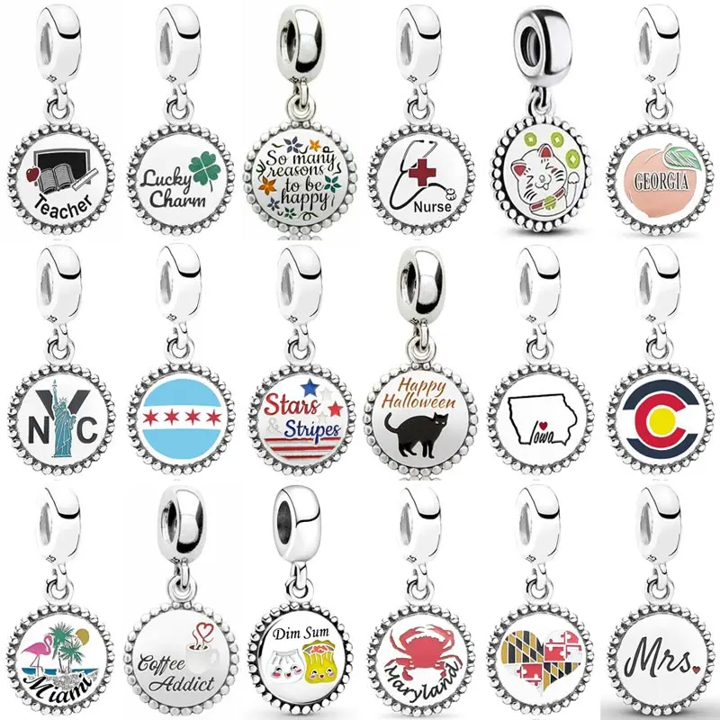 Dim Sum Maryland Crab Georgia Teacher Miami Beach Lucky Clover Pendant Bead 925 Silver Charm Fit Fashion Bracelet Diy Jewelry