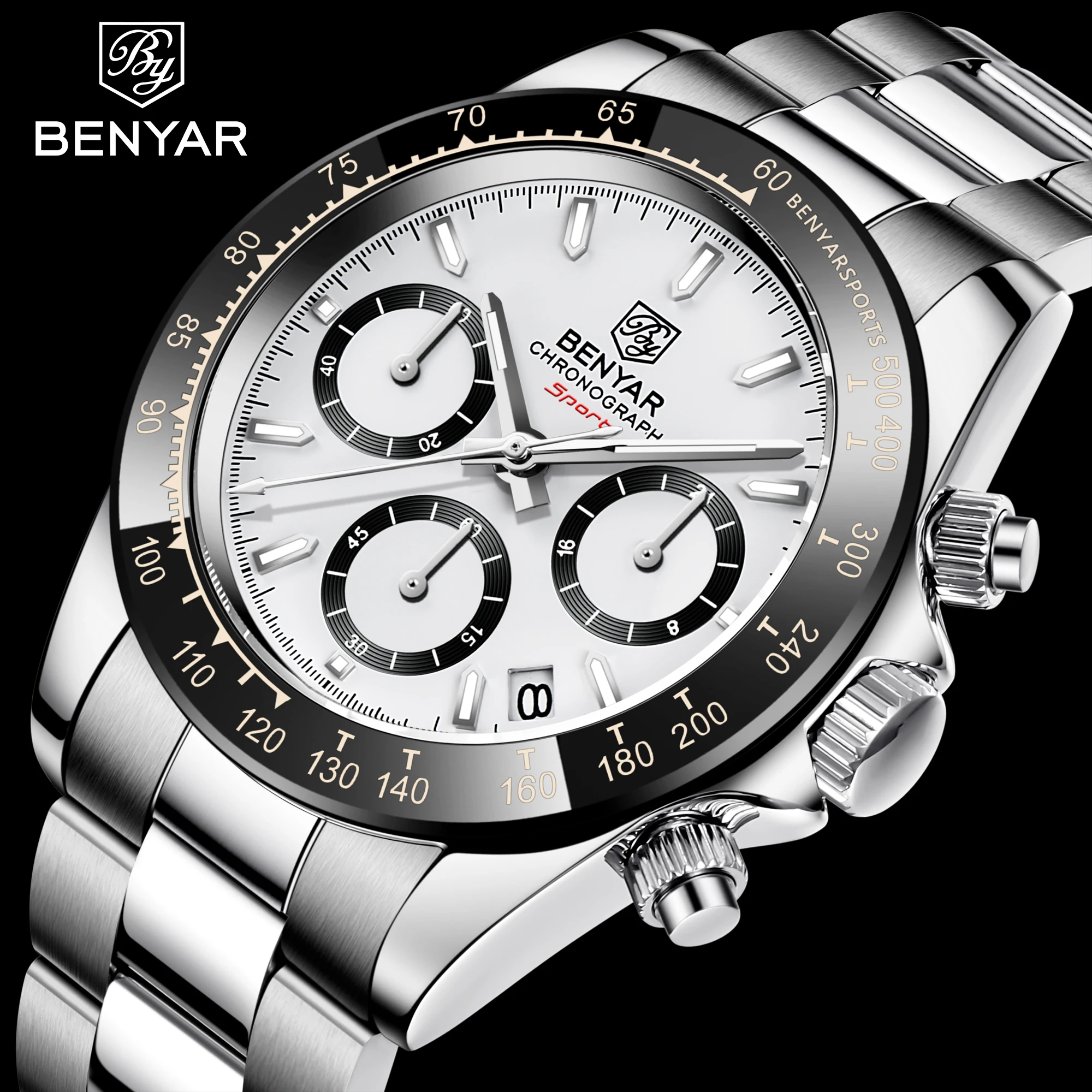 Relojes hombre 2024 benyar שעונים חדשים מותג יוקרה כרונוגרף זכר שעוני נירוסטה עמיד למים קוורץ נירוסטה