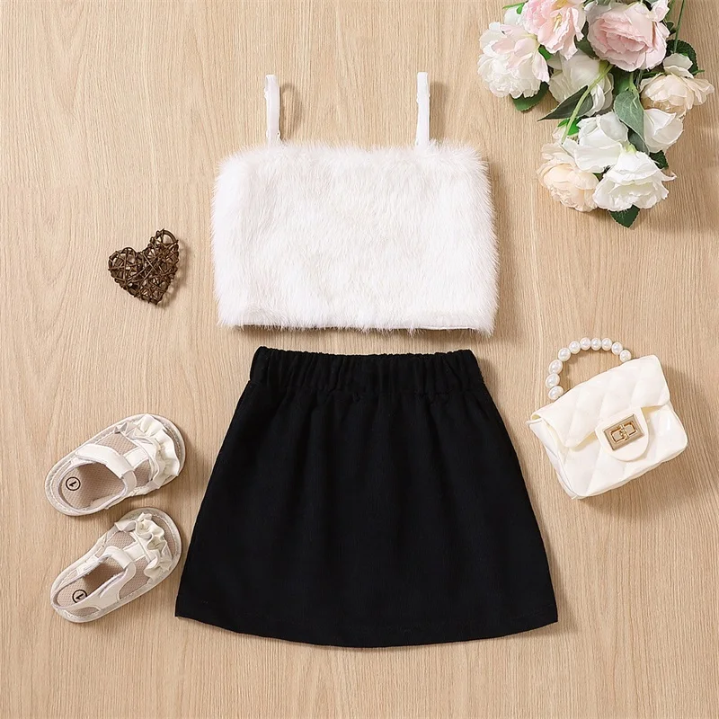 

Baby's Clothes Girls Skirt Suit Sleeveless Plush Vest Sling Tops Casual Street Party A-Lined Short Skirt Children's Clothing Set