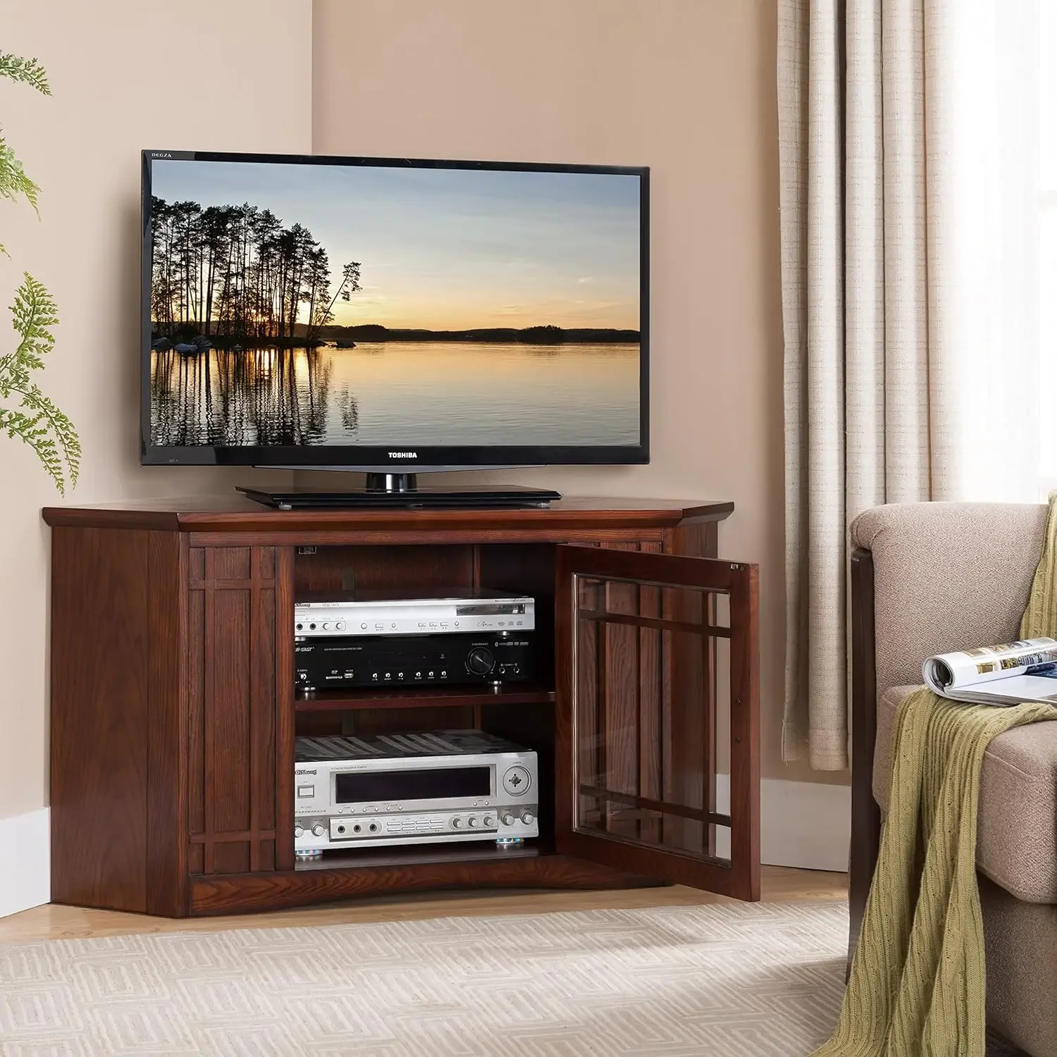 NEW-82285 Mission Corner TV Stand Made from Solid Wood, One Door and Adjustable Shelf, for 50" TVs, Mission Oak