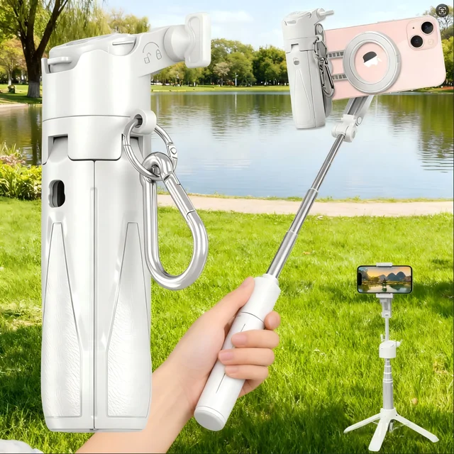 Magsafe tripod stand for iPhone, portable pocket sized selfie stick with rechargeable remote control and metal ring, extendable and detachable phone tripod, compatible with iPhone/Android (white)