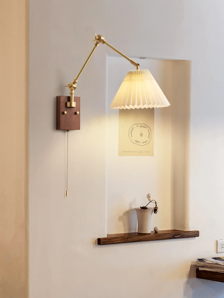 

Walnut Wall Lamp Bedroom Bedside Living Room Retro French Copper Light Luxury Rocker Arm Wall Lamp