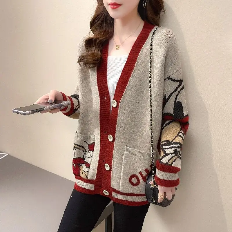 Fashion Spliced Button Pockets Cartoon Shirts Female Clothing 2023 Winter New Loose All-match Cardigan Tops Casual Blouses