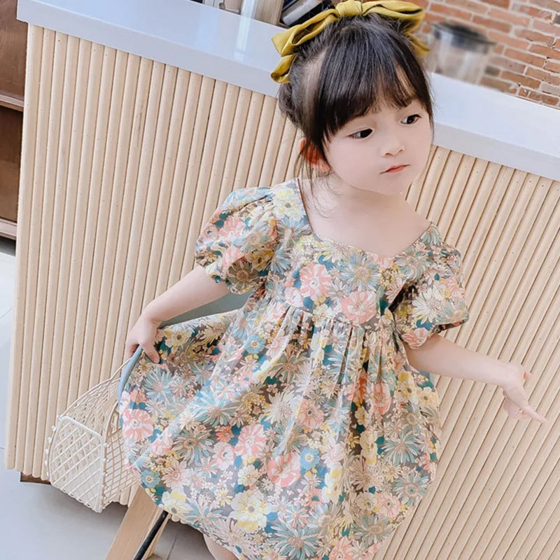 Summer Girls Dress Sweet Korean Version Skin-friendly Princess Dress Floral Print Stylish Lovely