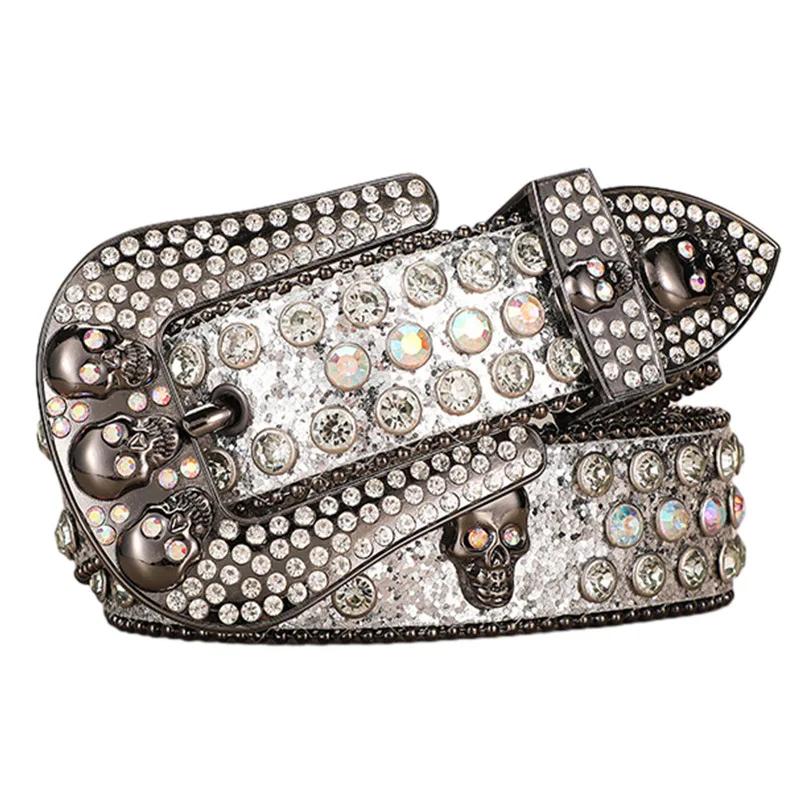 

Fashion Western Punk Men Women Rhinestone Belts Luxury Crystal Skulls Studded Female Belt for Cowboy Cowgirl Y2K Leather Belt