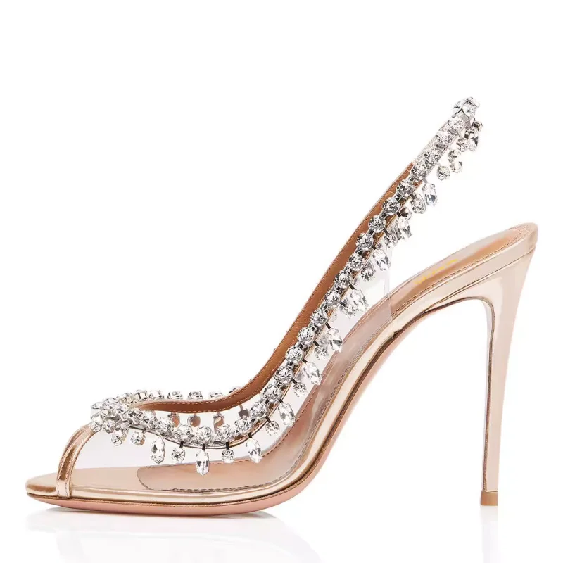 Women's Sandals Spring/Summer New Fashion Banquet High Heel Crystal Rhinestone Chain Shallow Mouth Slim Heel Fish Mouth Shoes
