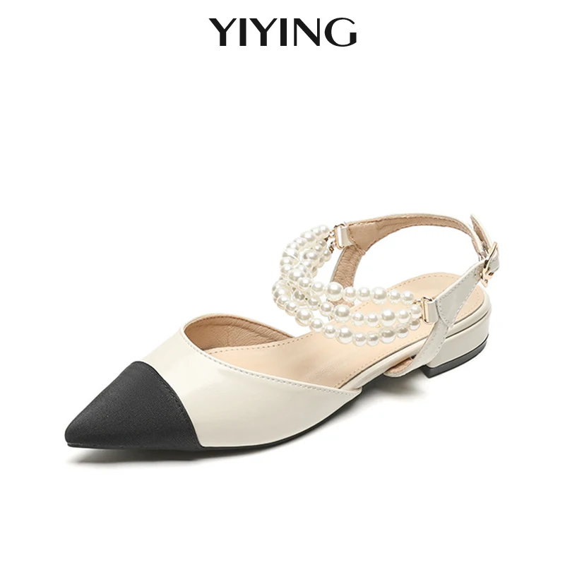 

Fashion Pearl Design Decorative Women Sandals 2023 Summer Low Heel Pointed Sandals Female Mouth Flat Single Shoes Women Size 43