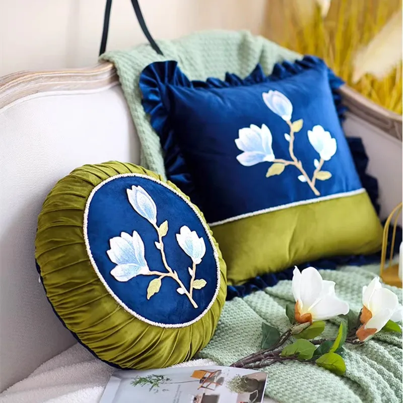 

Magnolia Embroidered Pillowcase China Wind Heavy Velvet Embroidered Sofa Living Room Cushion Cover Home Decoration Round Pillow