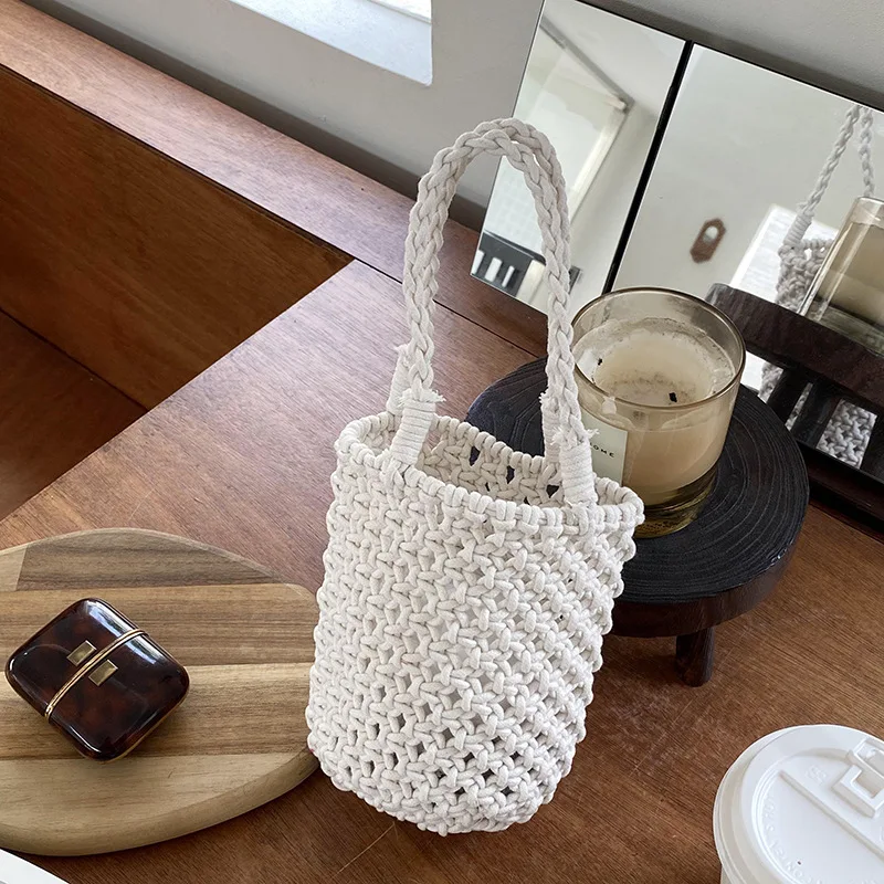 

Crochet Bucket Bag Hand Knit Bag Macaron Cotton Rope Hollow Out Handbag Straw Bag Korea Fashion Beach Woven Fishnet Bag