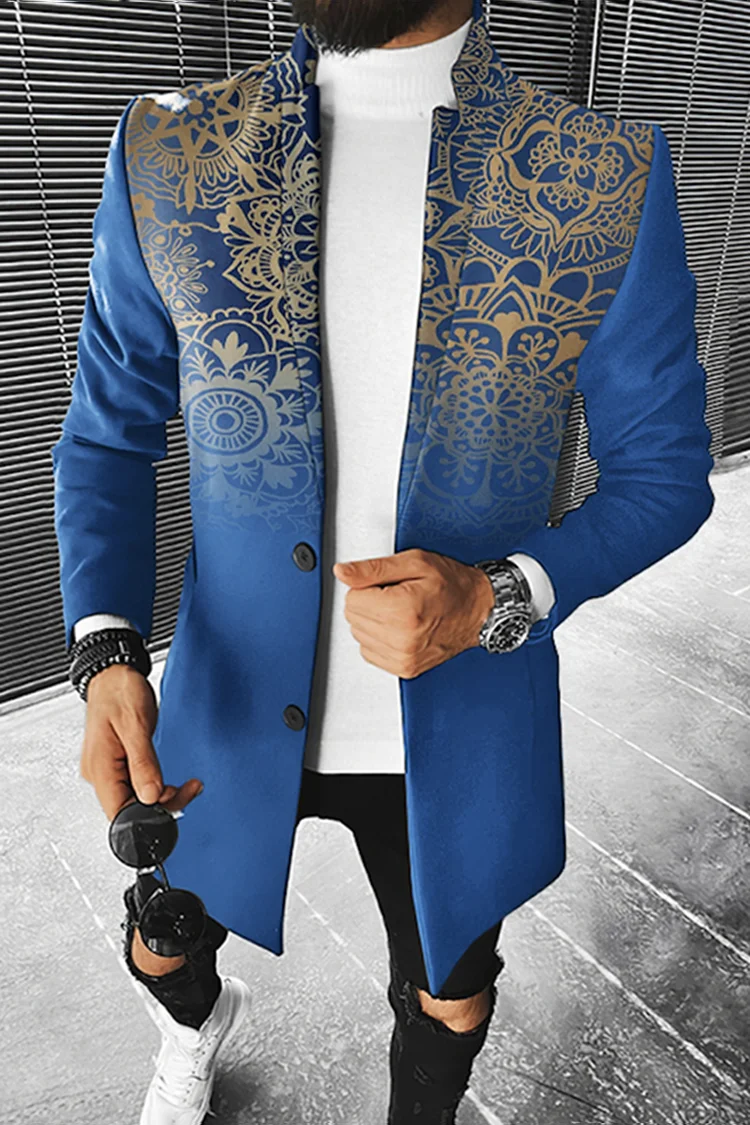 Men's Fall Long Coat Floral Print Button Lapel Fashion Office Winter Jacket 2023 Casual Nylon Overcoat Oversized New Top Coat