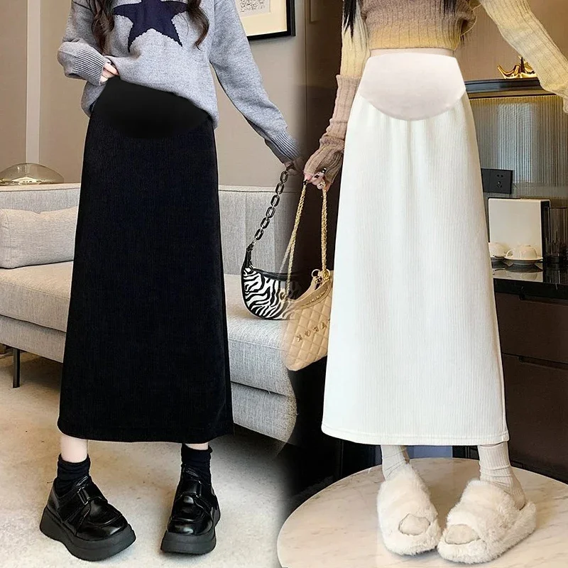 Korean Style Maternity Spring Corduroy Skirt High Waist Back Split Adjustable Pregnant Woman Straight Skirts Woolen A-line Skirt
