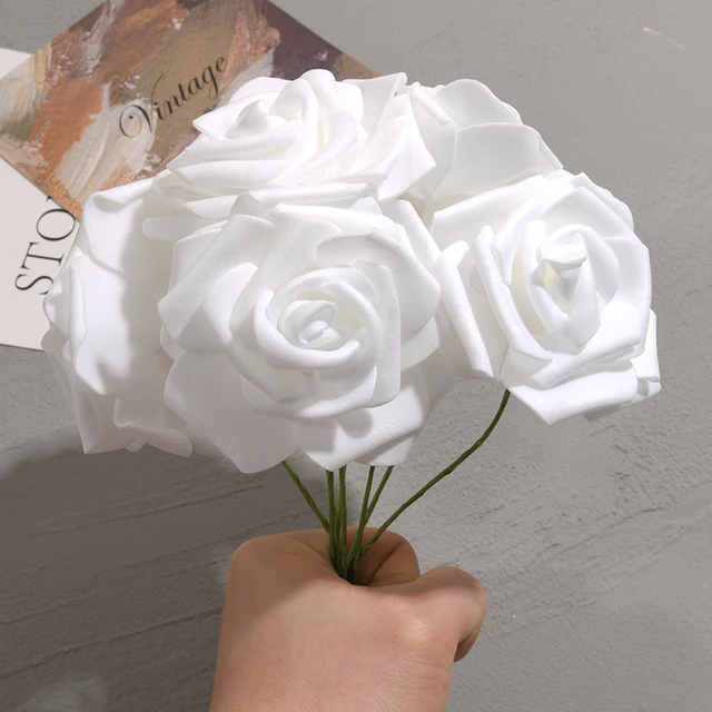 Rose artificielle PE blanche, 50 pièces/paquet, tête de fleur avec tige, Bouquet de bricolage, décoration de fête de mariage, fournitures pour Scrapbook 4