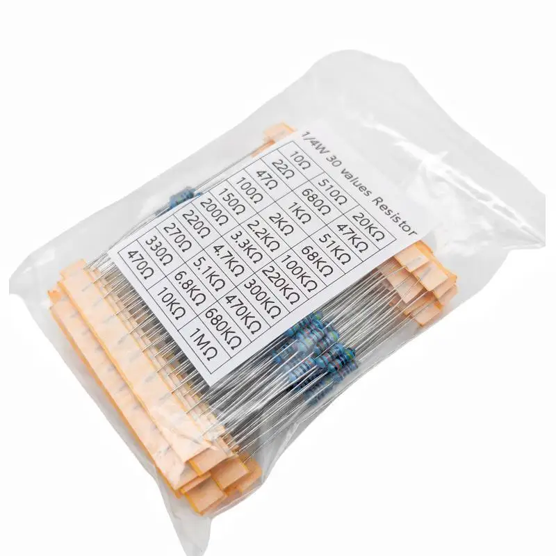 Metal Film Resistors 600pcs/set 30 Kinds 1/4W 1% 1K 10K 100K 220ohm 1M 300pcs/set