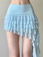 French Vintage Women White High Waist Sexy Ruffle Edge Party Skirt Summer Blue Elegant Slim Versatile Irregular Cake Short Skirt - Image 2