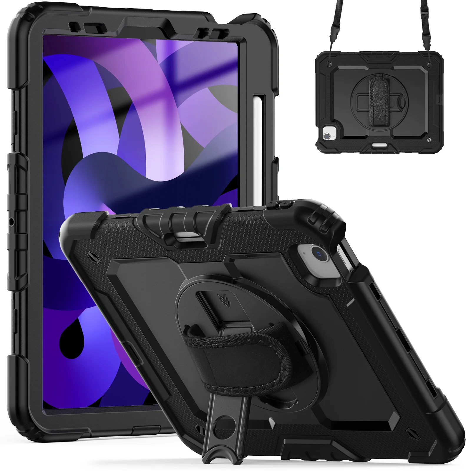 Shockproof Tablet Case with Screen Protector and 360° Rotating Hand Strap, Featuring Pencil Holder