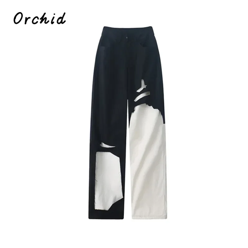 

2023 Autumn Winter Korean Style Fashion Black and White Patchwork Straight Pants Women Chic Hollow Out-design High Waist Pant