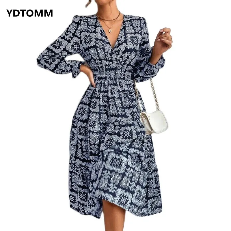 

Autumn Winter Vintage Print Maxi Dress For Women 2023 Boho Long Sleeve Casual Dresses Female Elegant V Neck Party Vestidos Robe