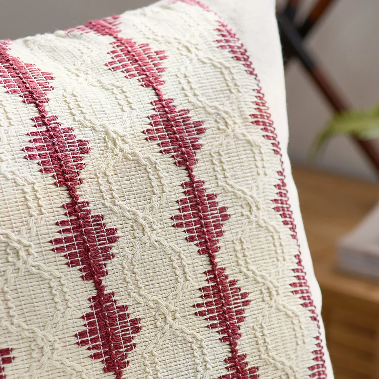 Rustikaler Retro-Quadrat-Boho-Lendenwirbel-Kissenbezug, weiches Leinen, Bauernhaus-Kissenbezüge, neutrales Sofa, Wohnzimmer, Zuhause, dekorativ – Detail 4