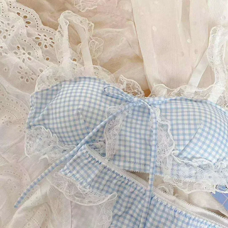 Women's Lingerie Japanese Cute Cotton Plaid Bralette Set Lace Underwear Women Lolita Girl Teens Wire Free Thin Bra and Panty Set