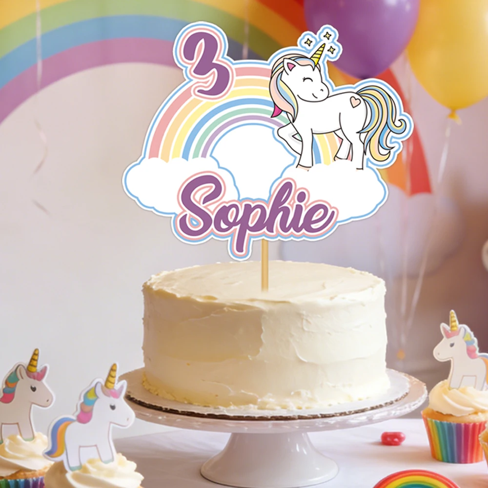 Personalisierter Geburtstagstorten-Aufsatz mit individuellem Namen, Party-Regenbogen-Einhorn-Muster, Kuchendekoration, Obst-Dessert-Spieße, Partyzubehör – Detail 7