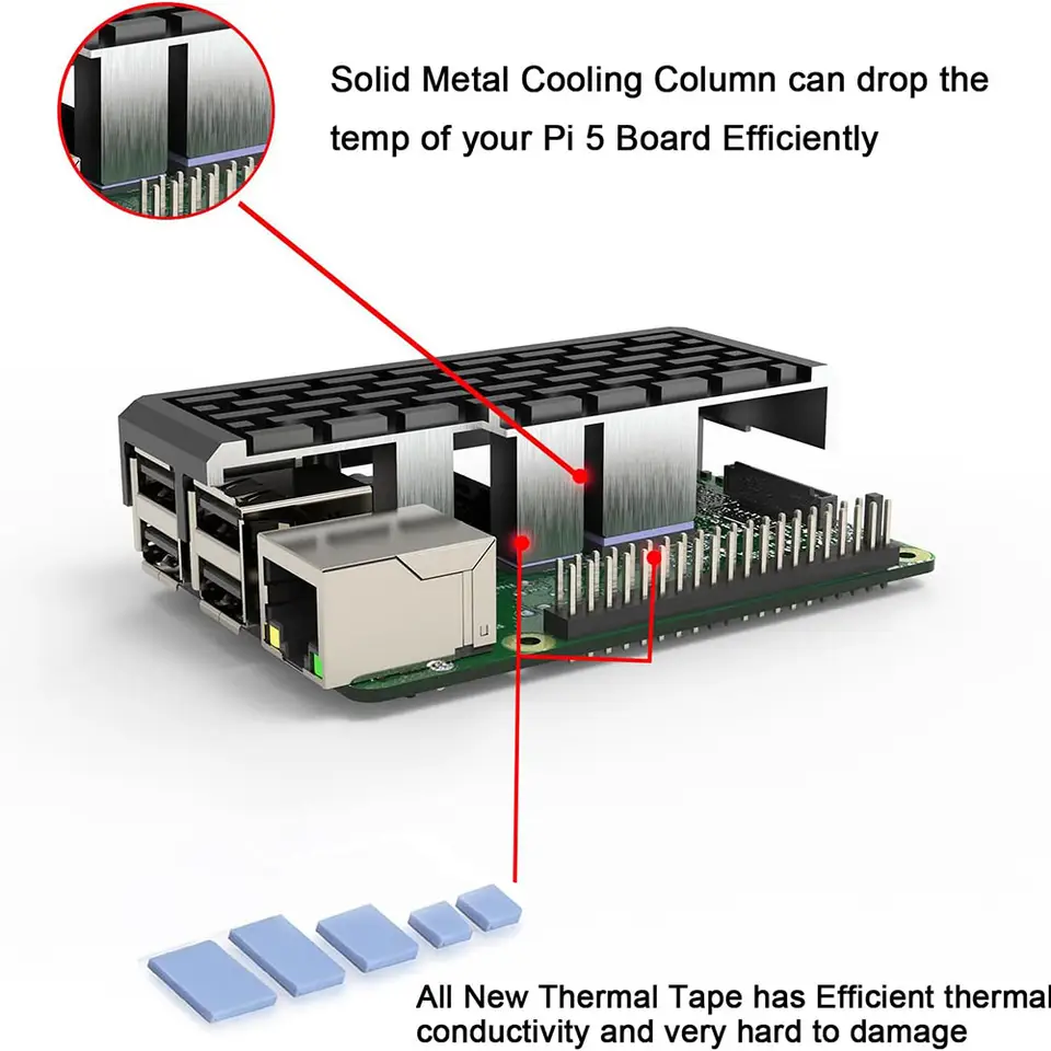 Passive Cooling Case for Raspberry Pi 5, Pi5 Aluminum Armor Case with Cooling Column and Thermal Pads for Raspberry Pi 5 4GB/8GB image 2