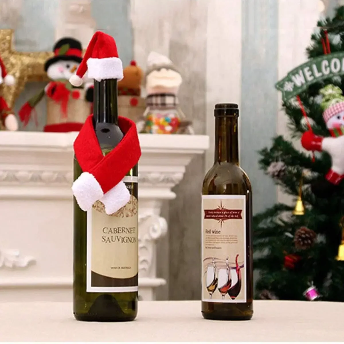 10pcs Mini Santa Claus Hat And Christmas Scarf For Christmas Silverware Holders, Candy Covers, Wine Bottle Decorations ﻿