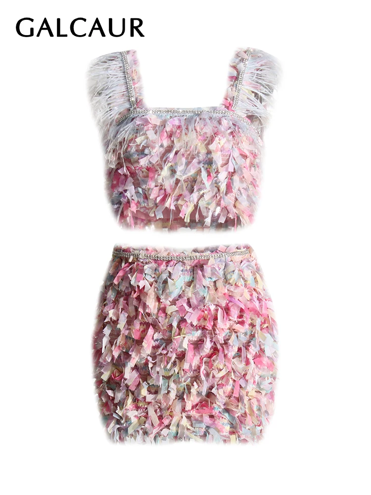 

GALCAUR Slim Two Piece Sets For Women Square Collar Sleeveless Backless Spliced Feathers Top High Waist Skirt Chic Set Female