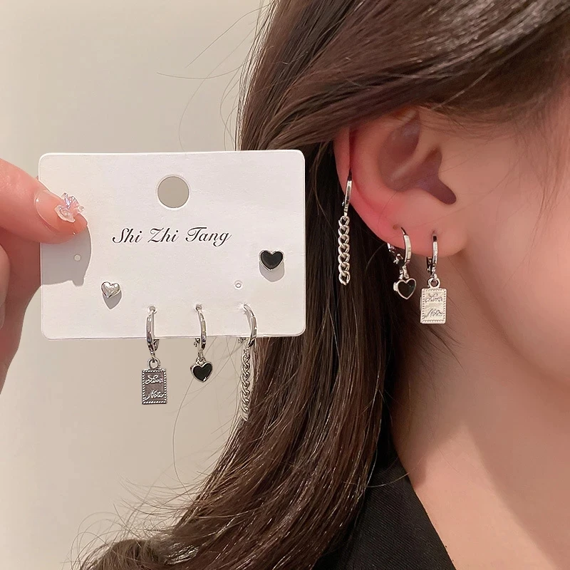 Fashion Metal Chain Love Heart Tassel Earrings Set Irregular Geometric Cherry Hoop Earrings for Women Gifts hoop earrings dangle earrings cherry earrings