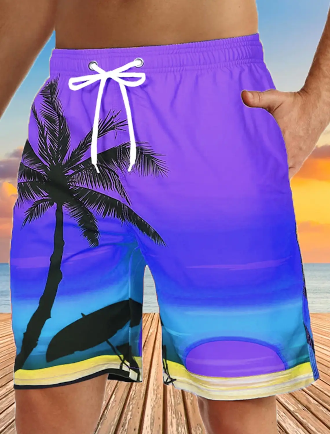 thumbnail image 1 of Pantalones cortos de tabla para hombre, pantalones cortos de baño, bermudas, pantalones cortos de playa, cordón ajustable, estampado 3D, gráfico de árbol de coco, transpirable, de secado rápido, 1 of 5