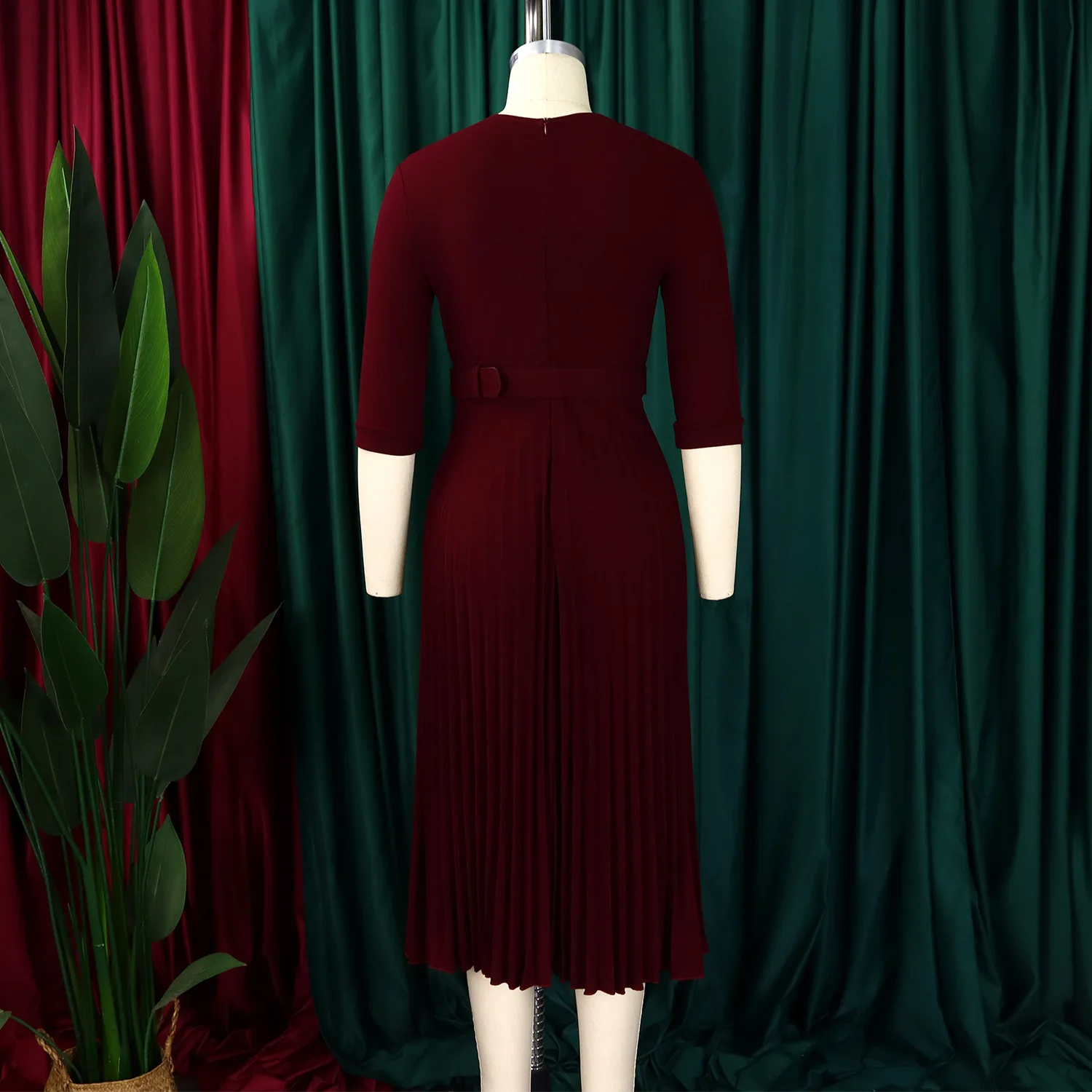 XIOCEAN Elegant Office Dresses Pleated for Woman Notched Collar Half Sleeve Belt Waisted Mid Calf Afircan Business New Robe