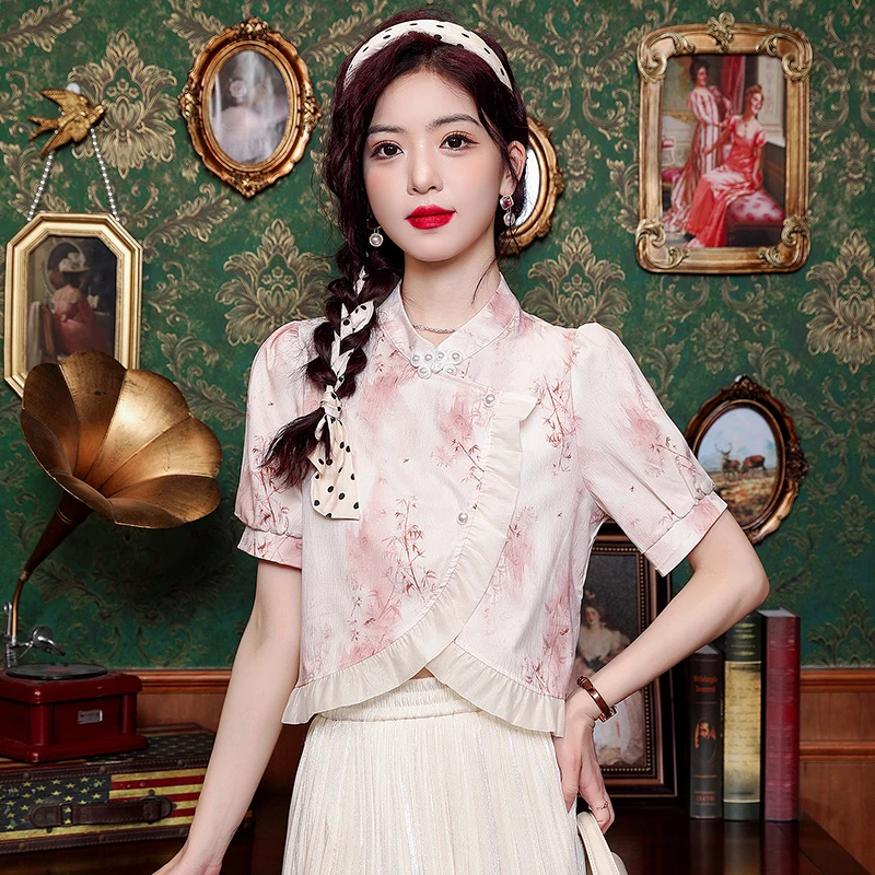 

Miiiix 2024 New Chinese Button Printed Top Women's Summer Short Design with Ruffle Edge Lace Chiffon Shirt Female Clothing