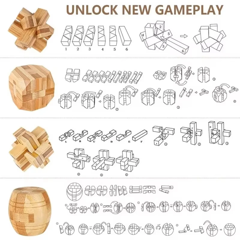 Small Lu Ban Lock IQ Brain Teaser Educational Toy for Kids Children Wooden Kong Ming Unlock Toys Adult Montessori 3D Puzzle Game 4