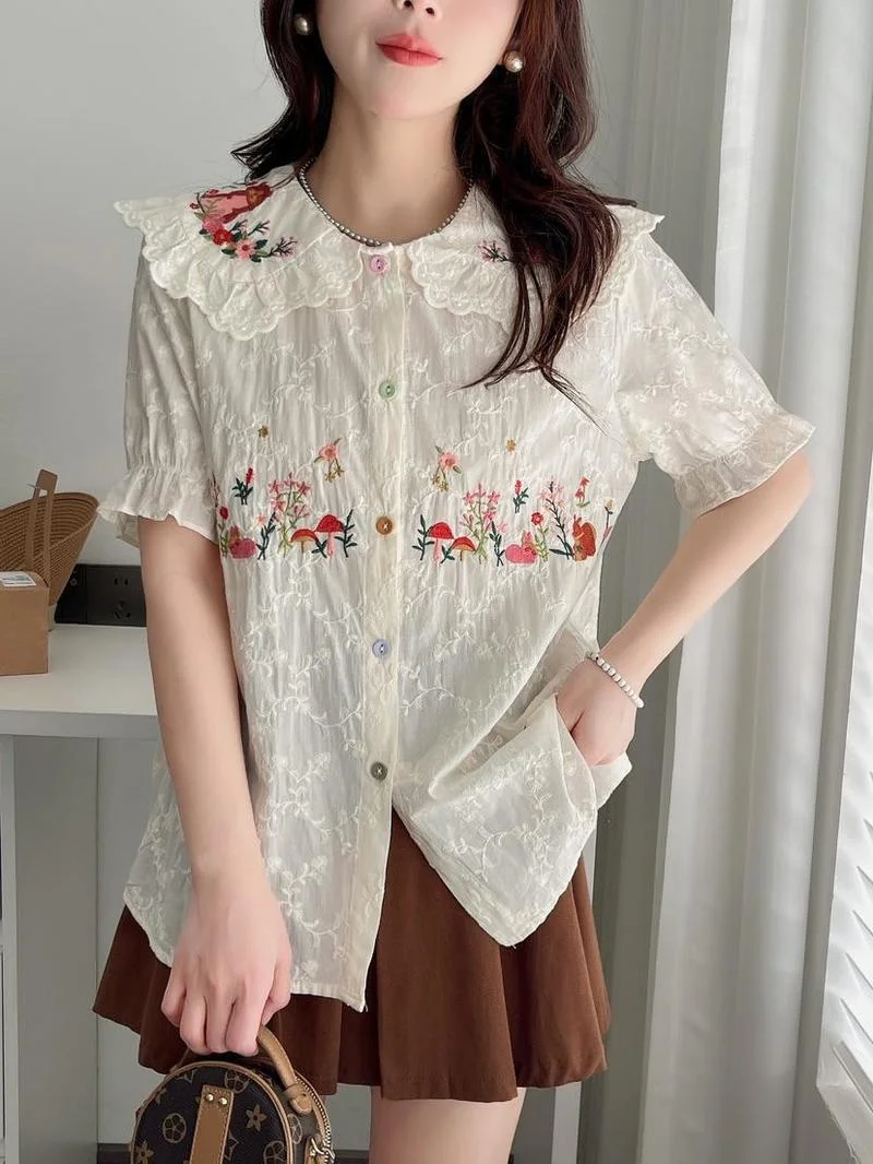 

Рубашки Mori kei, милая кружевная рубашка с коротким рукавом и вышивкой из мультфильма, блузки, женские топы, Хлопковая женская одежда в Корейском стиле