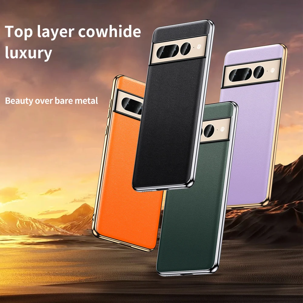 Luxury Genuine Cowhide Leather Plating Shockproof Phone Case - Full Protection Cover