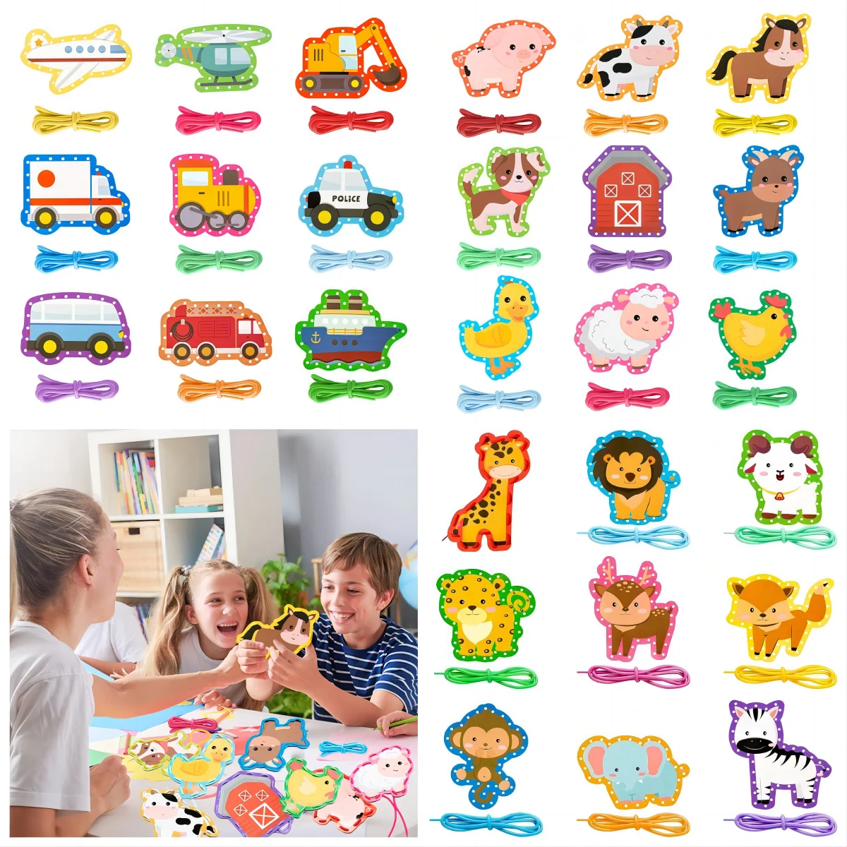 9Pcs Lacing Cards Sewing Arts Craft Animals Vehicle Transport Card Kids Favors Party Lace Trace String Threading Games Supplies