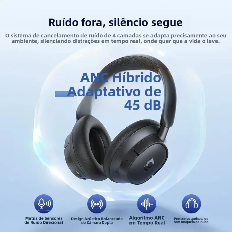 Fones de Ouvido Sem Fio Baseus EH10 NC ANC com Cancelamento de Ruído Adaptativo Híbrido de 45dB, Headsets Hi-Res LDAC, Bluetooth 6.0, 80 Horas de Duração