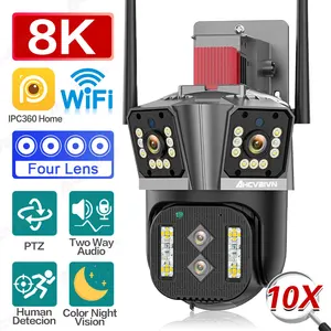 8K 16MP Four Lens Three Screen 10X Zoom WIFI IP Camera Auto Tracking Color Night Vision Audio Outdoor PTZ Wireless Security Cam