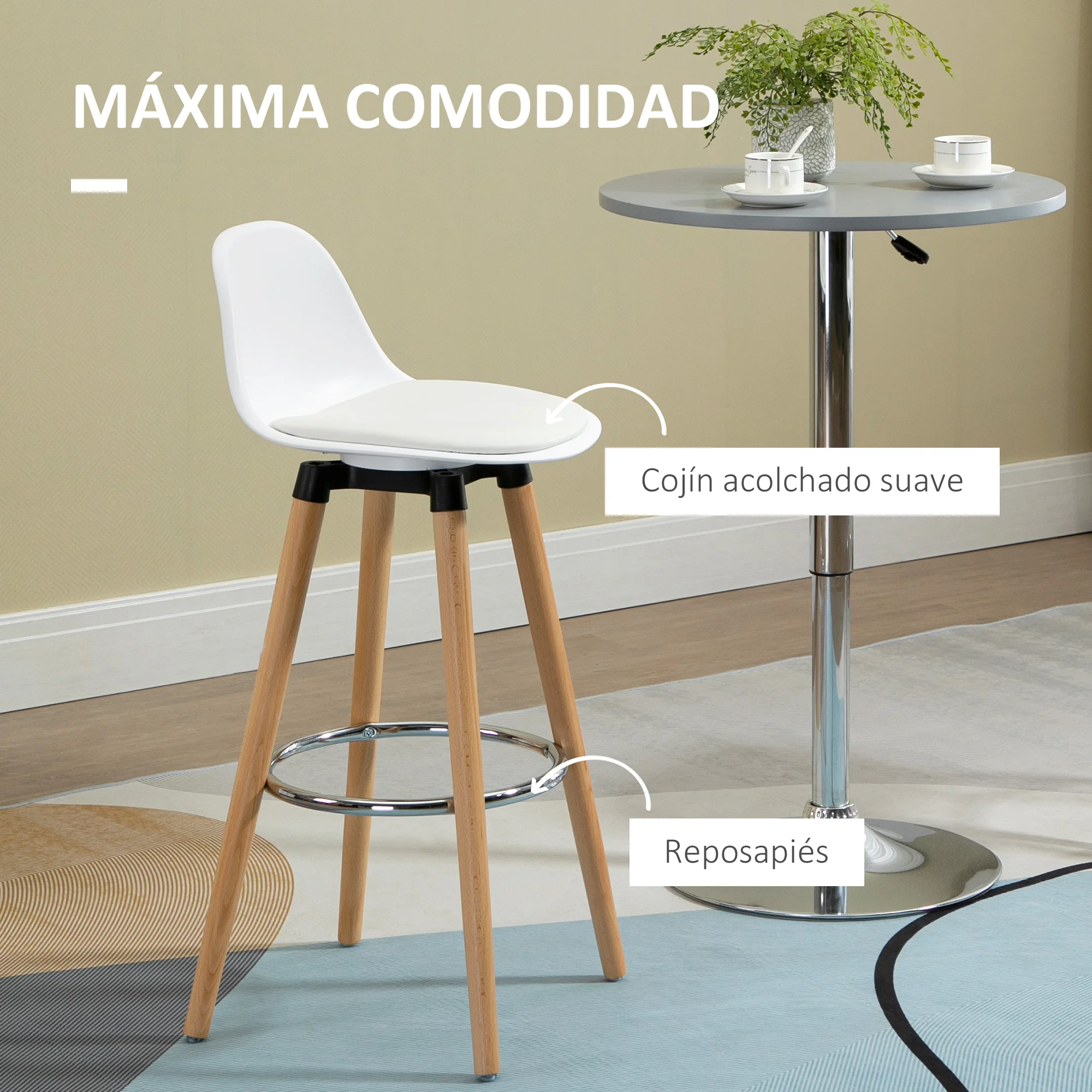 HOMCOM Juego de 2 Taburetes Altos de Cocina con Asiento de Melamina y Patas  de Acero 32,5x32,5x65 cm Natural y Blanco