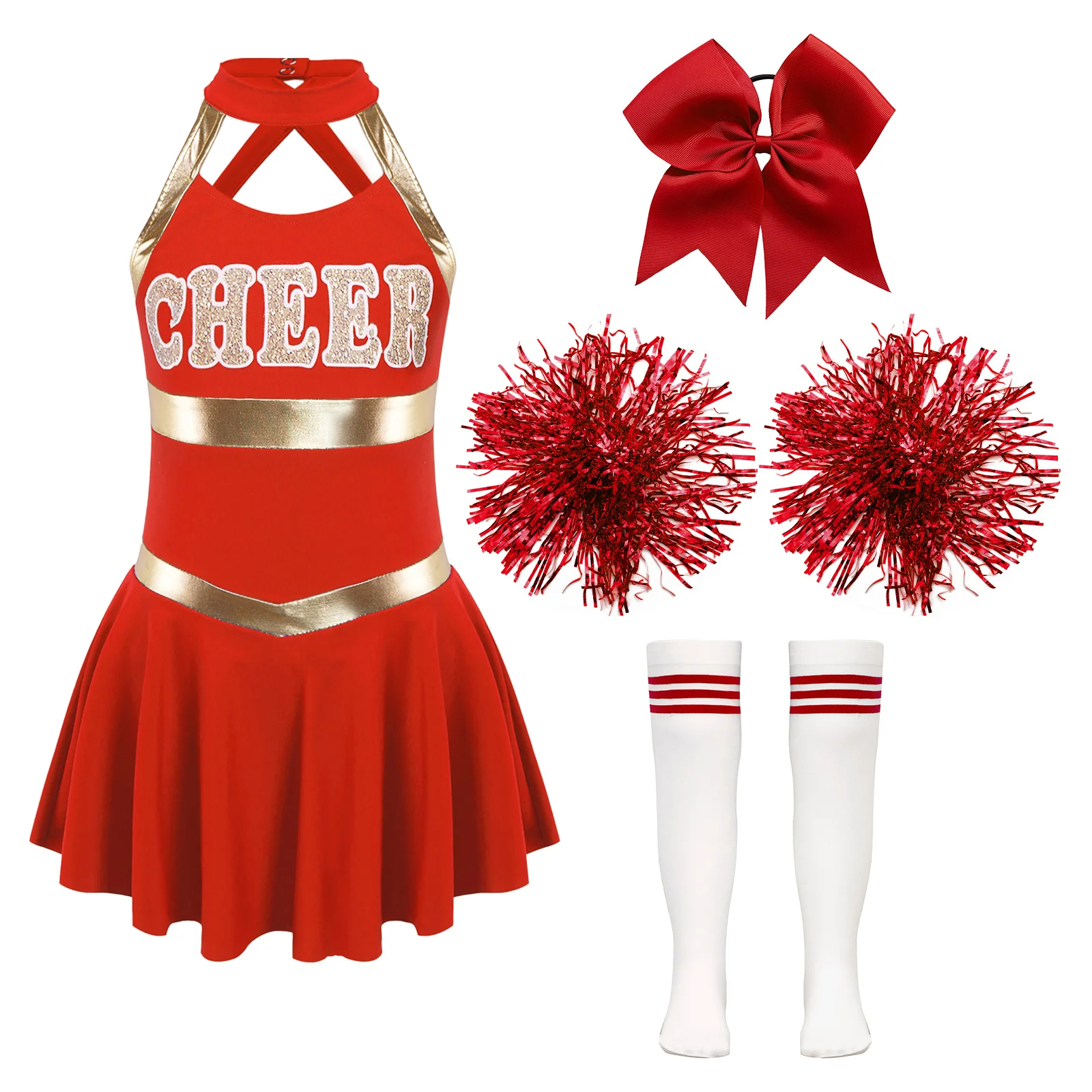 Children Cheerleading Costumes Kids Girls Cheerleading Costumes Childs Sleeveless Dress Hand Flowers Striped Socks Dancewear Sets Schoolgirl Cheer Dance Suits
