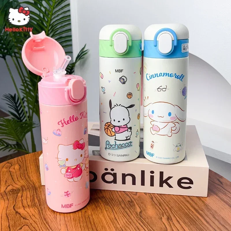 

Kawaii Sanrios Hello Kittys Thermos Bottle Anime Cinnamoroll Kuromi Student Children Portable Straw Sports IInsulated Water Cups