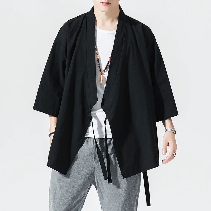 Men's Chinese Style Linen Cardigan Jacket Loose Kimono Jacket Solid Color Self-tie Hanfu Traditional Clothing 5XL
