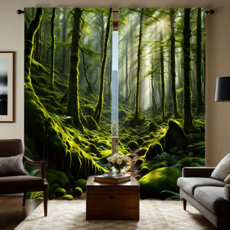 ผ้าม่านโปร่งแสงลายป่า HD 2 ชิ้น – โพลีเอสเตอร์แบบร้อยราว, สไตล์อเมริกันสำหรับตกแต่งห้องนั่งเล่นและห้องนอน 1