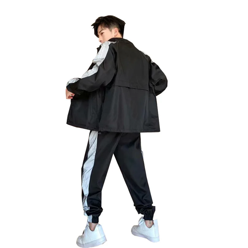 2 Pieces Sport Suit Striped Reflection Jacket and Pant Men Spring