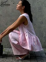 Oymimi Fashion Pink Cotton Sets Womens 2 Piece Elegant Deep V-Neck Single Button Shirts And Sinple Straight Trousers Female Sets - Image 4