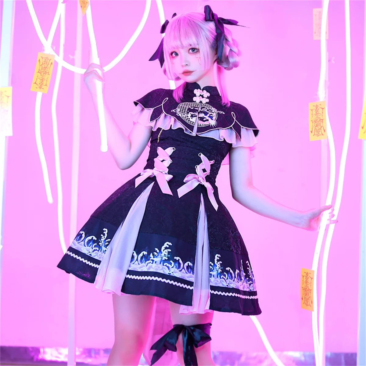 

Retro Chinese Style Lolita Cosplay Kawaii Girls OP Halloween Cute Zombie Embroidery Cloud Crane Spray Spell Bow Dress