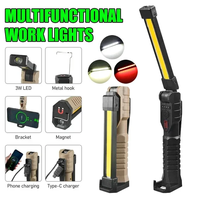 COB LED Work Light Dimmable USB Rechargeable LED Flashlight Inspection Lamp With Magnetic Hook Power Bank 18650 Battery Torch