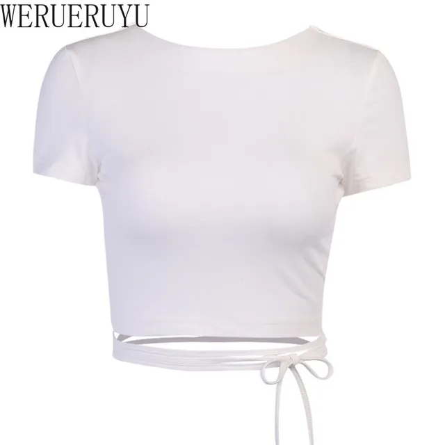 Bandage Backless White T Shirt Crop Top Women Y2k Aesthetic Clothes Korean Fashion Kawaii Short Sleeve Tshirts Sexy Summer 2022 4