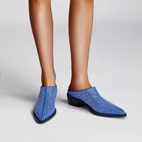 2025 New Mules Baotou Pointed Thick Heel Medium Heel Rhinestone Large Women's Slippers Half Slippers Women Shoes for Women - Image 4