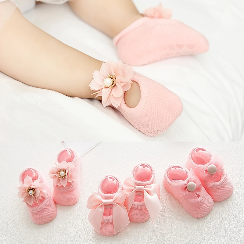 

BalleenShiny 3 Pairs Bowknot Non-slip Socks Baby Girls Cute Princess Lace Flower Short Socks Child Kids Soft Cotton Socks Gifts